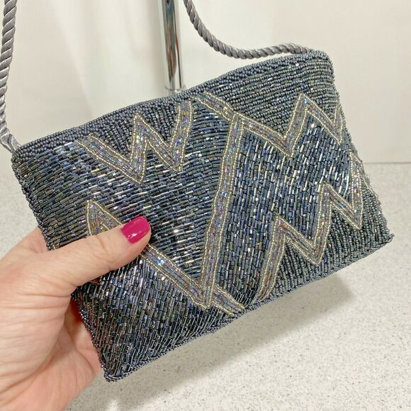 Vintage Beaded 1980's Evening Bag Retro Gray & Silver Shoulderbag Dressy Purse - Picture 2 of 8